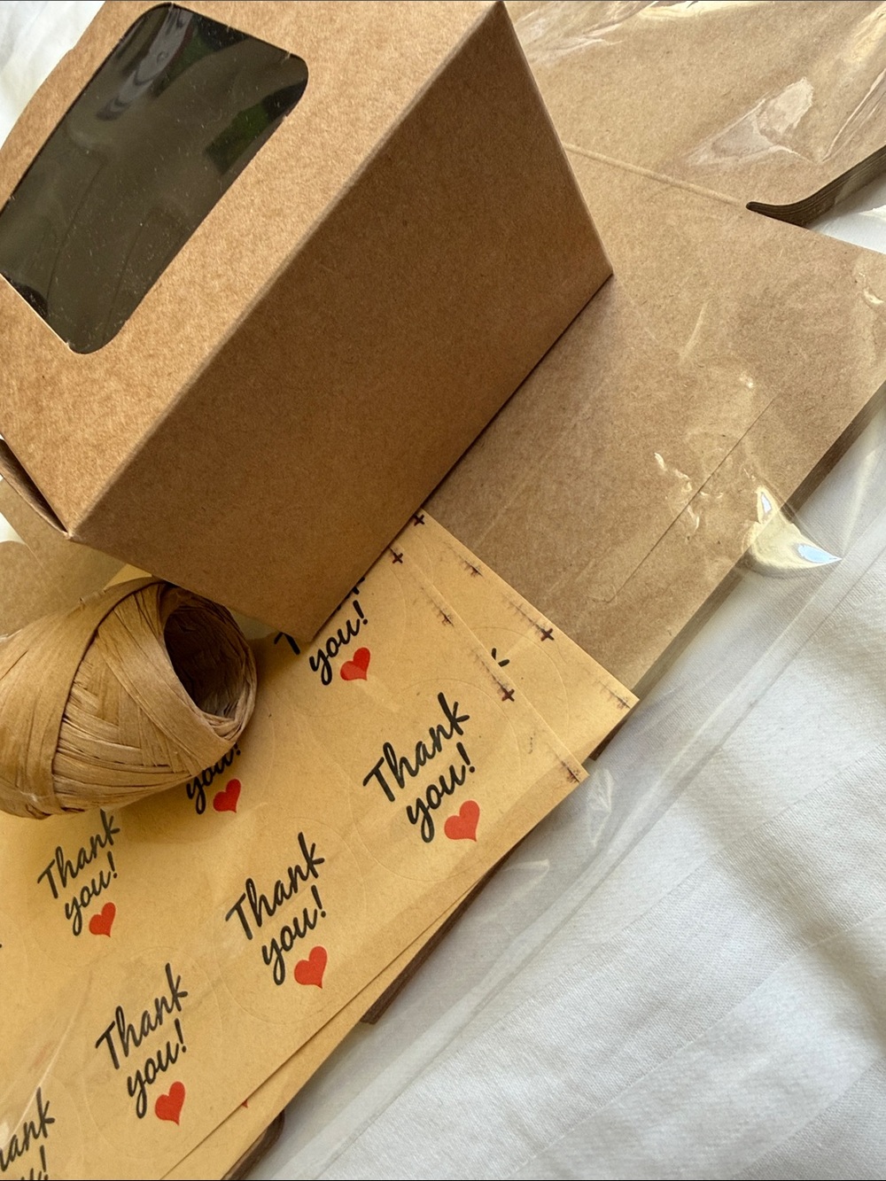 12 Windowed Bakery/ Gift Box with 12 Thank You Stickers and Raffia